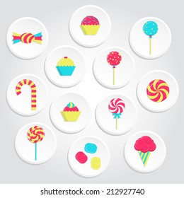 Circular and colorful candy icons with lollipops, ice cream, bubble gum and several candies. Colorful candy icons