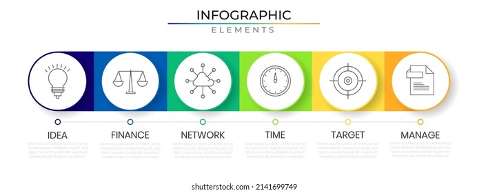 Circular Colorful Horizontal Row Business Infographic Design Vector With Icons. Six Roadmap Timeline Network Project Template For Presentation And Report.