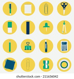 Circular and colorful icons of several office supplies as scissors, pencil, pen, compass, stiletto, calculator, ruler, masking tape, paper clips, pencil sharpener, copybook, papers and pins.