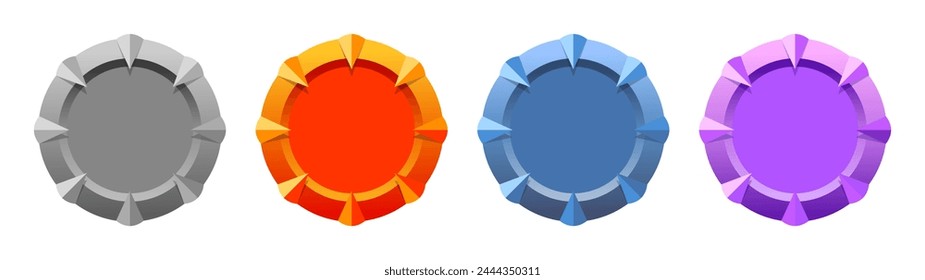 Circular colorful shields, coat of arms, medals, symbol, emblem, insignia. Grey, orange, blue, purple