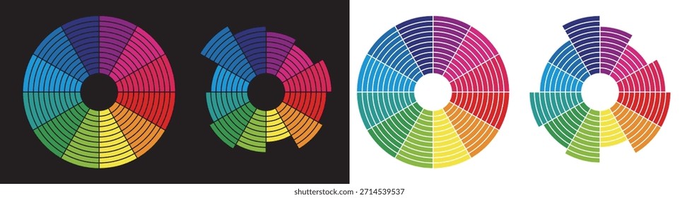 Circular colorful sound audio equalizer bars visualization (black, white background)
