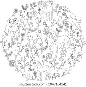 circular coloring with flowers and unicorns 