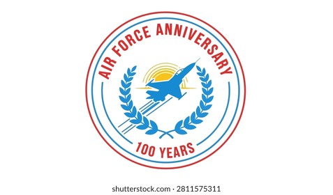 A circular commemorative badge featuring a blue fighter jet silhouette flying upwards through a laurel wreath with text indicating a one hundred year Air Force anniversary