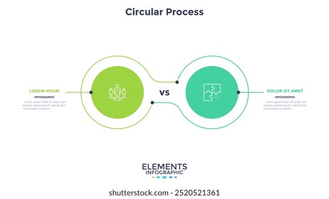 Diagrama de comparação circular dividido em 2 partes. Conceito de modelo de negócios com duas opções para escolher ou selecionar. Ilustração de vetor infográfico plana moderna para visualização de dados, apresentação.