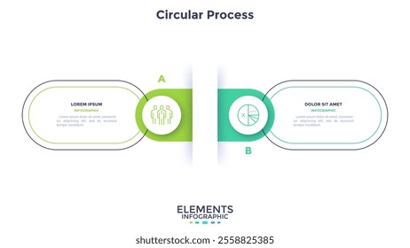 Circular comparison diagram divided into 2 parts. Concept of business model with two options to choose or select. Modern flat infographic vector illustration for data visualization, presentation.