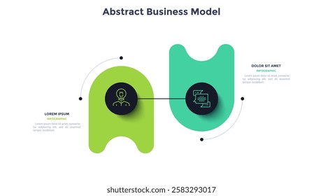 Circular comparison diagram divided into 2 parts. Concept of business model with two options to choose or select. Modern flat infographic vector illustration for data visualization, presentation.