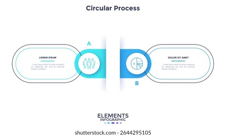 Diagrama de comparação circular dividido em 2 partes. Conceito de modelo de negócios com duas opções para escolher ou selecionar. Ilustração de vetor infográfico plana moderna para visualização de dados, apresentação.