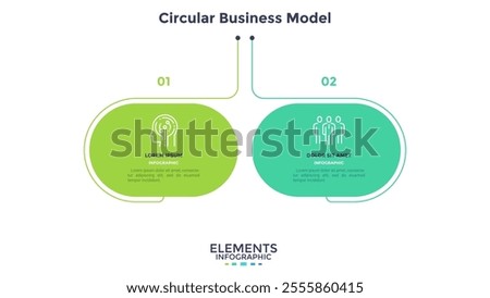 Circular comparison diagram divided into 2 parts. Concept of business model with two options to choose or select. Modern flat infographic vector illustration for data visualization, presentation.