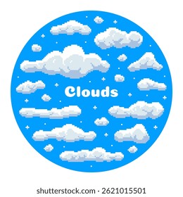 Circular composition of clouds. Pixel illustration on blue background