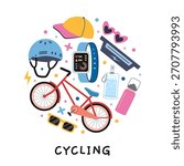 A circular composition with cycling concept. Bicycle, helmet, bottle, glasses, and other for training and travel. Trendy vector illustration isolated on white, hand drawn, flat design