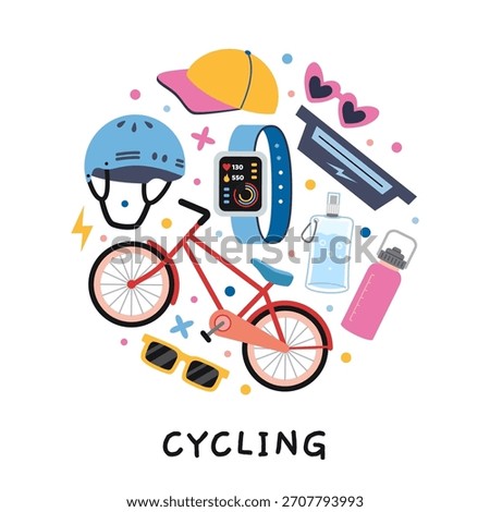 A circular composition with cycling concept. Bicycle, helmet, bottle, glasses, and other for training and travel. Trendy vector illustration isolated on white, hand drawn, flat design
