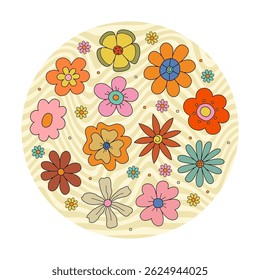 Circular composition of flowers 70s. Vector illustration in cartoon style