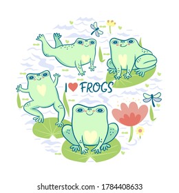 Circular composition with frogs and the inscription  I love. Vector graphics.