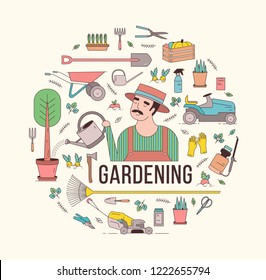 Circular composition with gardening tools or equipment and farmer or agricultural worker holding watering can in center. Decorative design element. Creative modern colorful vector illustration.