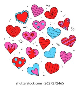 Composición circular de corazones para el día de San Valentín. Dibujado a mano ilustración.