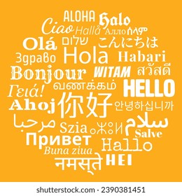 Circular composition of "Hello" messages in world different written languages, White texts on Yellow background