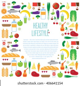 The circular composition with a large variety of diet food: tomato, fish, orange, bread, apple, meat, pear, honey, milk, broccoli. Healthy lifestyle is really important now, it helps you to keep fit!
