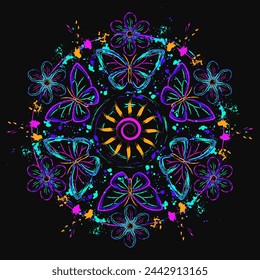 Circular composition like mandala with butterfly, sun, paint brush strokes, splattered paint. Glowing neon fluorescent colors. Virtual surreal nature. Outline, contour illustrations.
