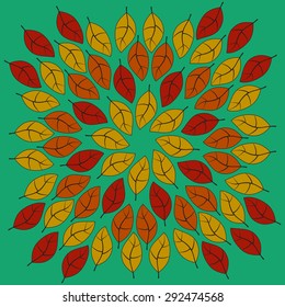 Circular composition made of Autumn colors Leaves on a green uniform background, vector illustration