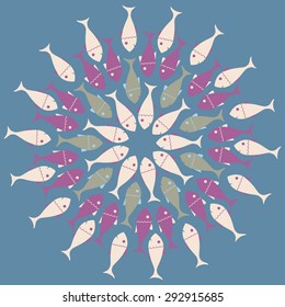 Circular composition made of Fishes on uniform background, vector illustration