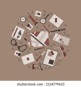 Circular composition on the theme of a detective investigation. The circle contains the detective's accessories, a magnifying glass, handcuffs, a book, and a compass. Flat vector illustration.