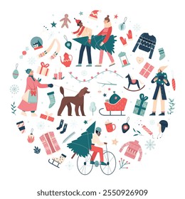 Circular composition of people enjoying Christmas preparations, carrying trees, giving gifts, and decorating. Vibrant vector illustration for seasonal holiday projects.