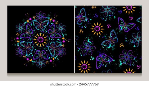 Circular composition, seamless pattern with butterfly, sun, paint brush strokes, splattered paint. Glowing neon fluorescent colors. Mystic surreal concept. Outline, contour illustrations.