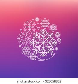 Circular composition from snowflakes. Christmas greeting card template
