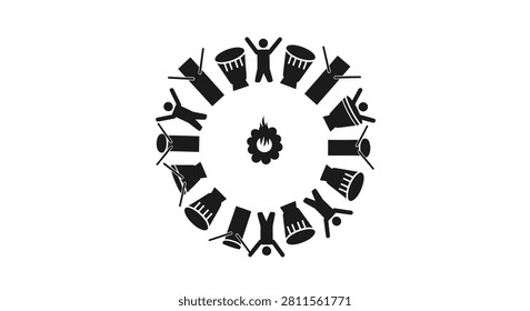 A circular composition of stylized human figures dancing around a central campfire with traditional drums arranged in a ring