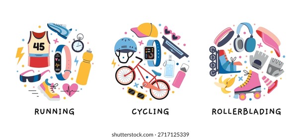 Composiciones circulares con running, ciclismo y patinaje sobre ruedas. Equipamiento, ropa y accesorios para actividades deportivas de verano. Ilustración vectorial de moda aislada en blanco, dibujado a mano, diseño plano