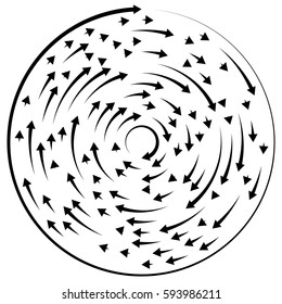 Circular concentric arrows. Cyclic, cycle arrows. Arrow element to illustrate Ripple, swirl, twirl concepts