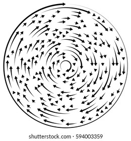 Circular concentric arrows. Cyclic, cycle arrows. Arrow element to illustrate Ripple, swirl, twirl concepts