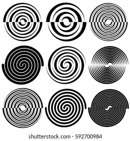 Circular concentric circles, rings.  Spiral, vortex, swirl design element set.