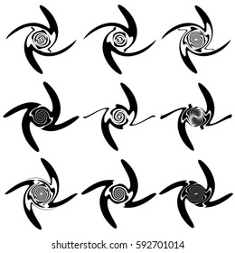 Circular concentric circles, rings.  Spiral, vortex, swirl design element set.