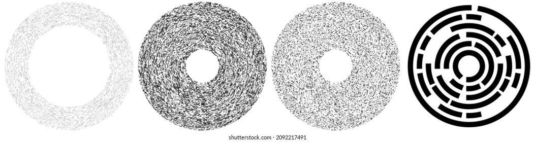 Circular, concentric segmented circles, rings. Abstract geometric circle. Spiral, swirl, twirl. Random rotation circles