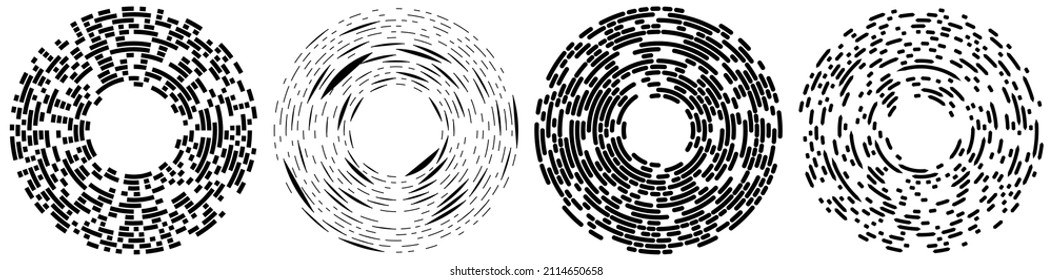 Circular, concentric segmented circles, rings. Abstract geometric circle. Spiral, swirl, twirl. Random rotation circles