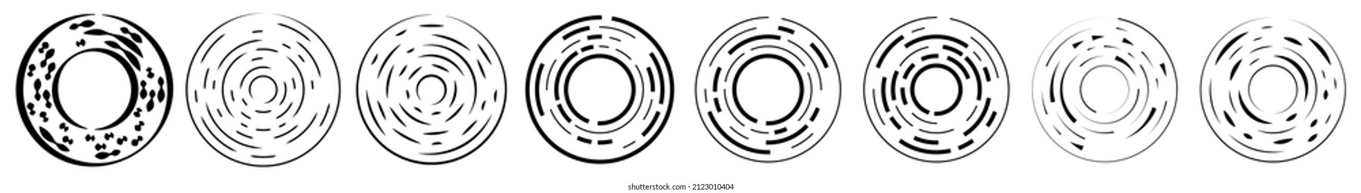 Circular, concentric segmented circles, rings. Abstract geometric circle. Spiral, swirl, twirl. Random rotation circles