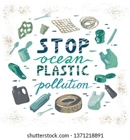 The circular concept of the ecological catastrophe of garbage in the sea with lettering or place for the text stop ocean plastic pollution. The problems with chemical wastes disposal.