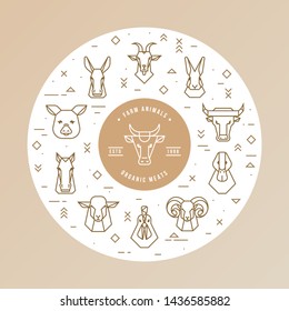 Circular concept of farm animals. Circular vector icon set in a linear style of farm animals silhouettes.