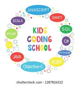 Circular concept with programming languages ​​and in the center Kids coding school in multi-colored letters