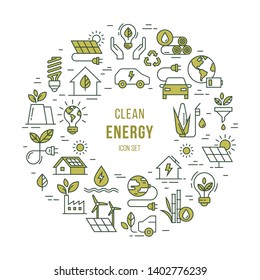 Circular concept set of vector green power symbol made with the wind, solar, water and biomass icons in the line style with place for text. Environmental protection illustration.