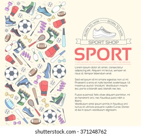 Circular concept of sports equipment background. life style tools with gym device, equipment and items. Training apparatus on a flat thin lines design. Vector illustration workout concept icons set