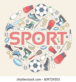 Circular concept of sports equipment background. life style tools with gym device, equipment and items. Training apparatus on a flat thin lines design. Vector illustration workout concept icons set