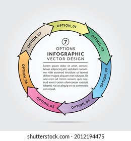 Gráficos infográficos conectados circulares con 7 opciones. Plantilla de diseño de infografía de círculo para diagrama redondo, gráfico, diseño web, banner. Concepto de negocio con 7 opciones o proceso. Ilustración vectorial.