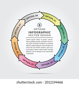 Circular connected infographic charts with 8 options. Circle infographic design template for round diagram, graph, web design, banner. Business concept with 8 options or process. Vector illustration.