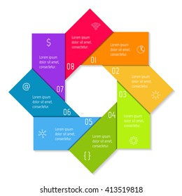 Circular connected infographic diagram. Flower chart with 8 options. Paper progress steps for tutorial with eight parts. Isolated business concept sequence banner. EPS10 workflow layouts.