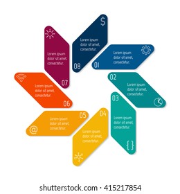 Circular connected infographic diagram. Flower chart with 8 options. Paper progress steps for tutorial with eight parts. Isolated business concept sequence banner. EPS10 workflow layouts.
