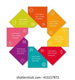 Circular connected infographic diagram. Flower chart with 8 options. Paper progress steps for tutorial with eight parts. Isolated business concept sequence banner. EPS10 workflow layouts.