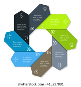 Circular connected infographic diagram. Flower chart with 8 options. Paper progress steps for tutorial with eight parts. Isolated business concept sequence banner. EPS10 workflow layouts.