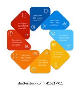 Circular connected infographic diagram. Flower chart with 8 options. Paper progress steps for tutorial with eight parts. Isolated business concept sequence banner. EPS10 workflow layouts.